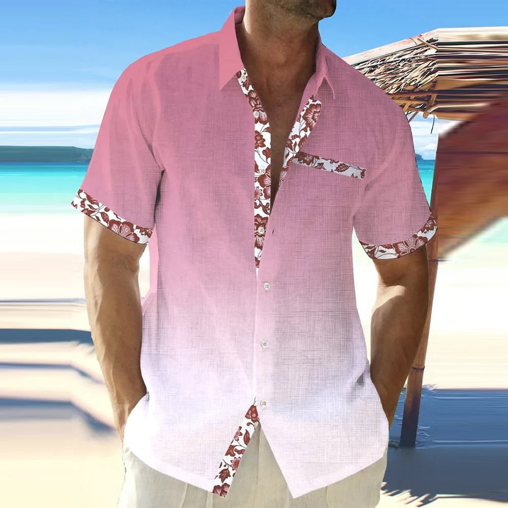Reemelody Men's Ombre Print Color Block Hawaiian Short Sleeve Shirt