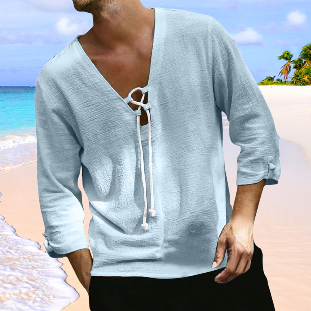 Men's V-neck lace-up long-sleeved cotton and linen top