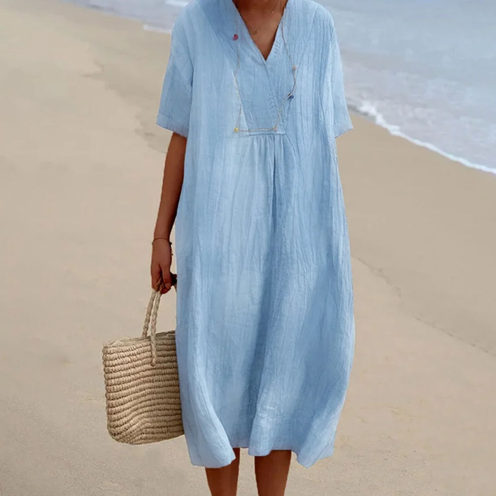 Reemelody V-neck cotton and linen solid color short-sleeved dress