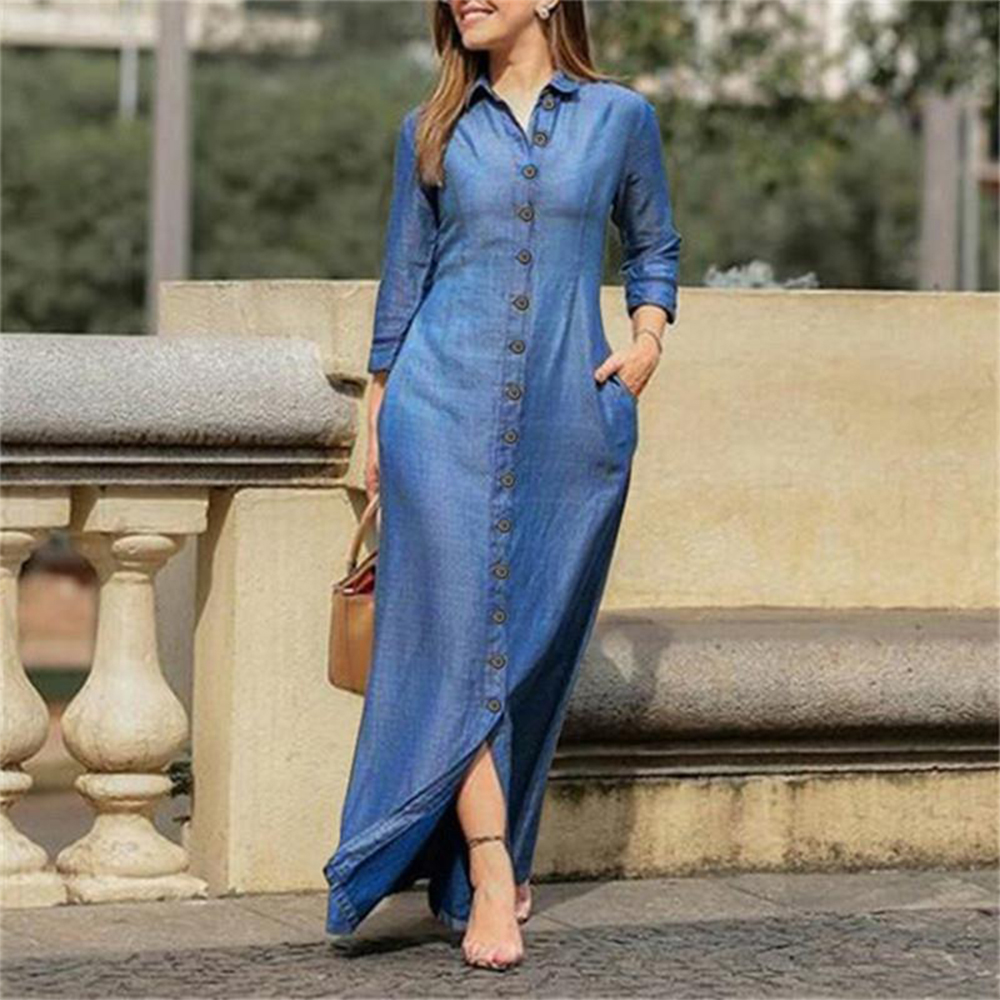 Reemelody Elegant and stylish long-sleeved solid color long denim dress