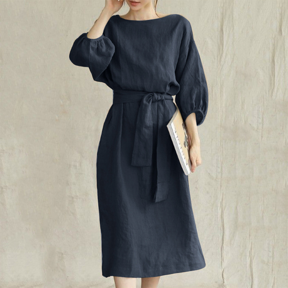 Reemelody High-waisted solid color round neck lantern sleeve dress