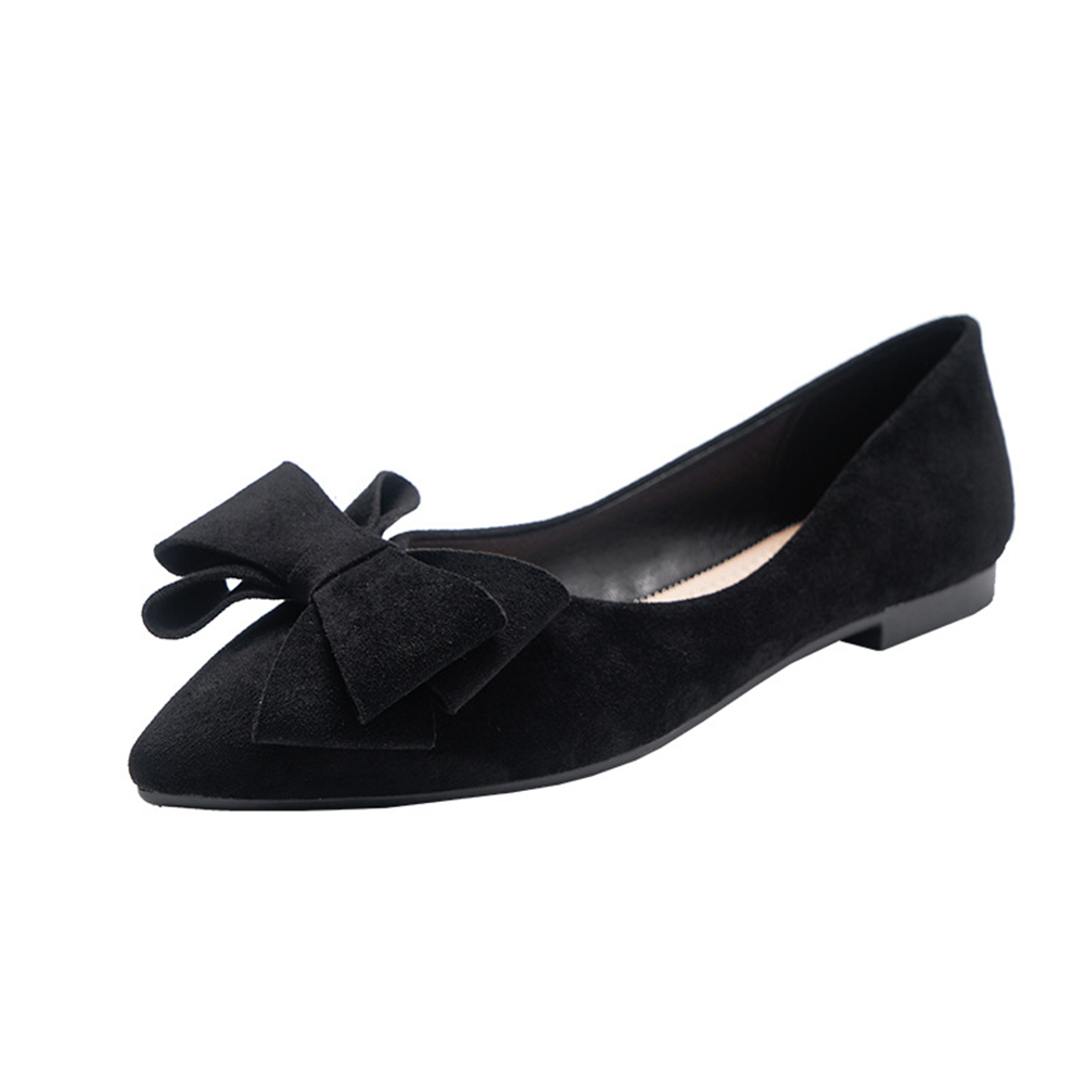 Reemelody Ladies simple solid color bow flat suede shoes