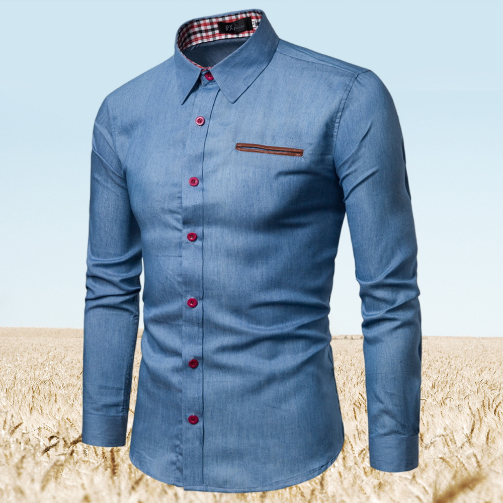 Figcoco New Men's Pocket Stitching Leather Long Sleeve Denim Shirt