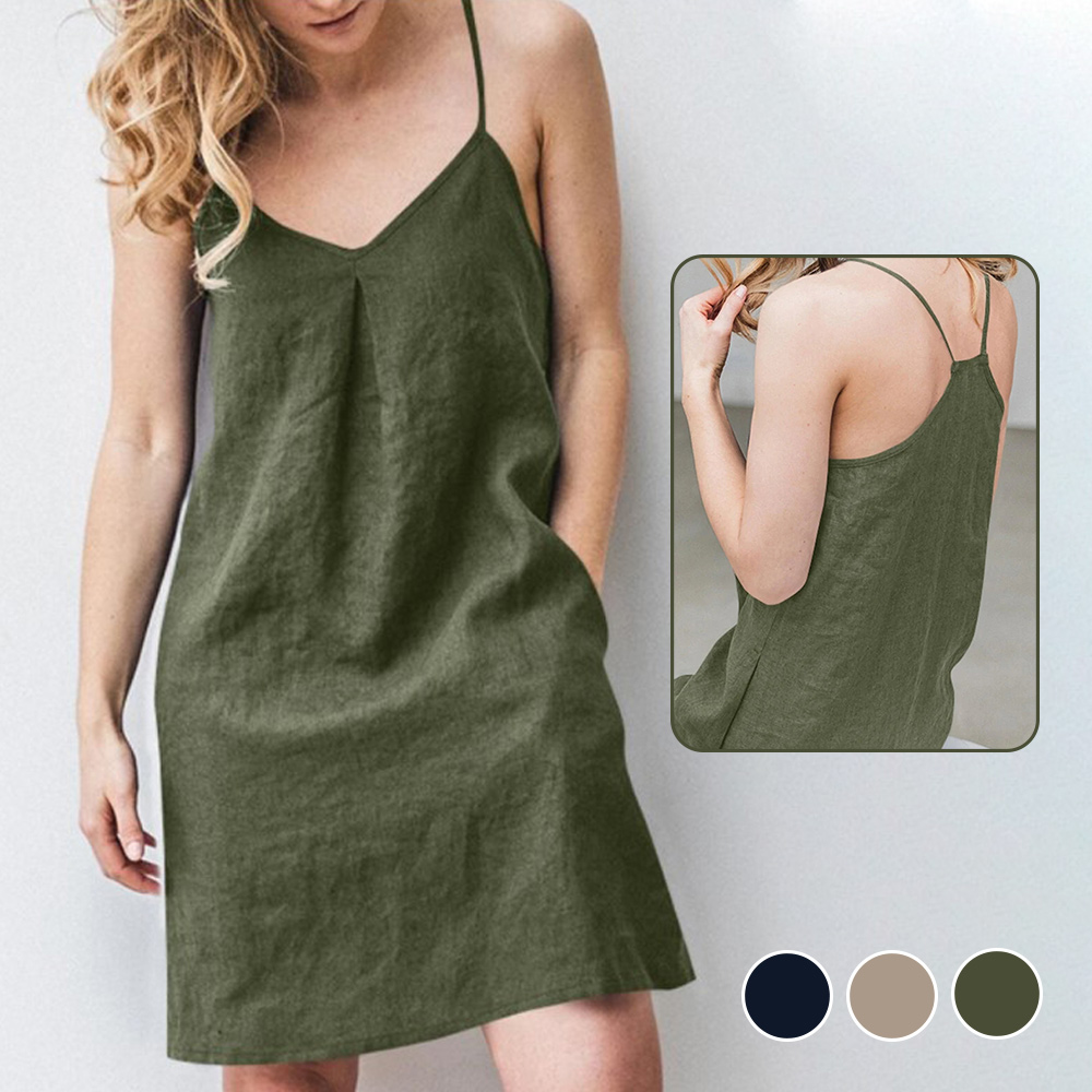 Reemelody Ladies new solid color cotton and linen mid-length slip dress