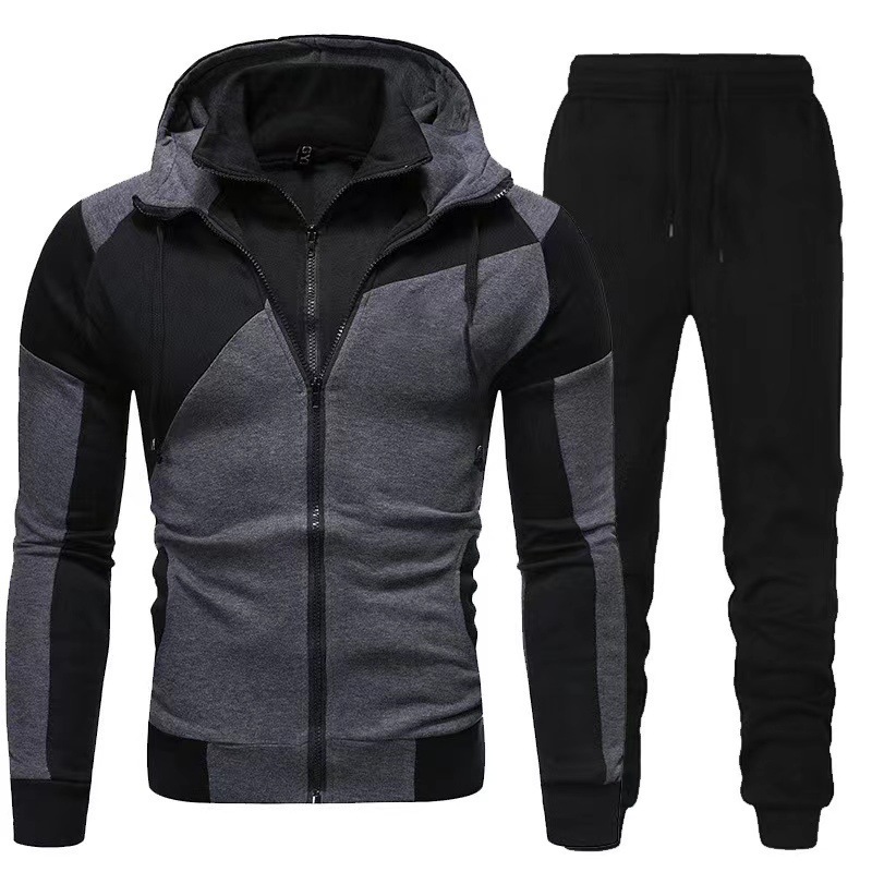 Reemelody Men's fashionable color block stand collar hooded trendy sports suit