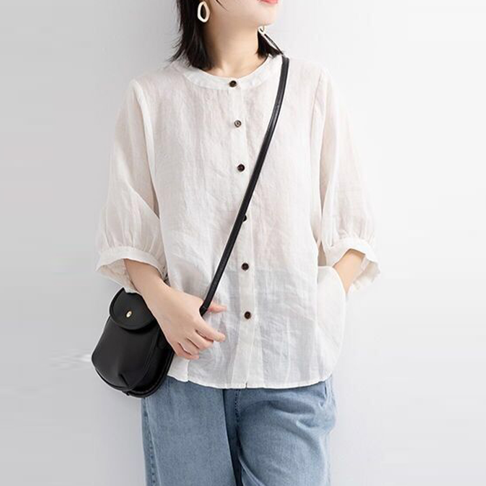 Reemelody Ladies casual cotton and linen mid-sleeve shirt