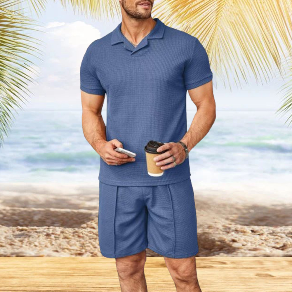 Diggetty Men's waffle V-neck T-shirt and shorts two-piece set