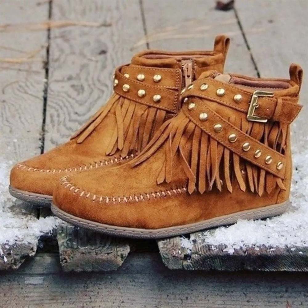 Reemelody Autumn and winter boots for women with tassel and belt buckle