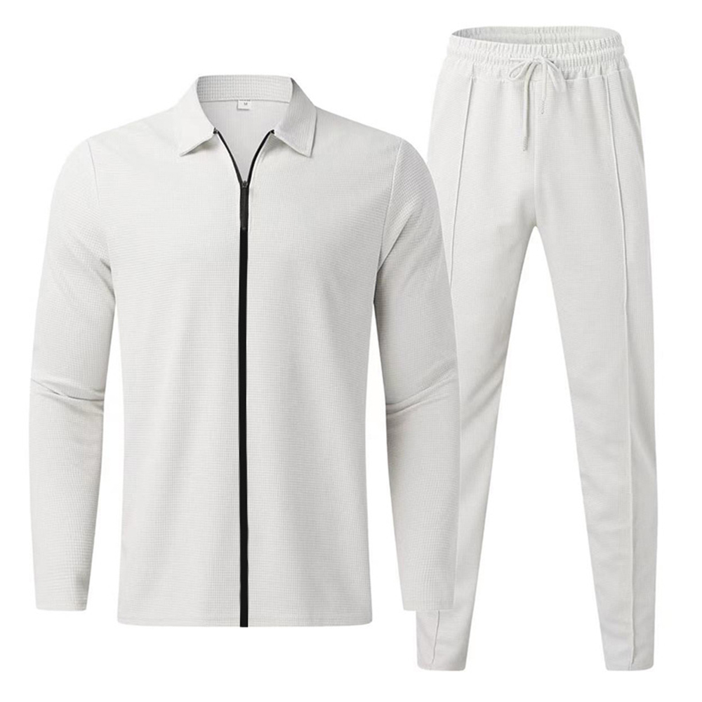 Reemelody Men's Waffle Long Sleeve Lapel Cardigan & Pants Casual Sports Suit