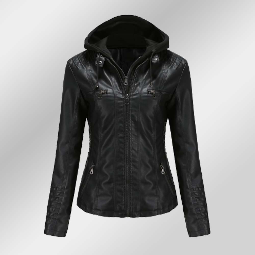 Reemelody Women's fashion detachable two-piece hooded leather jacket