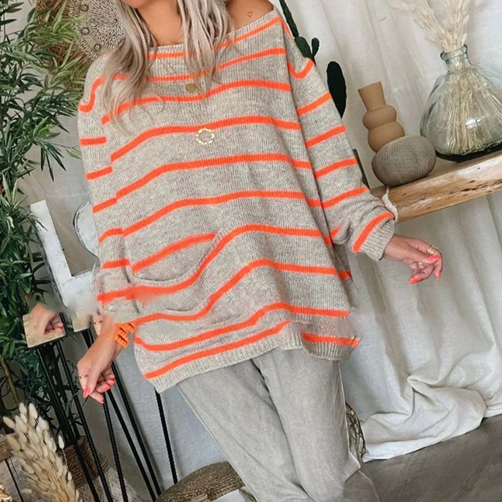 Reemelody Fashionable Women's Striped Crew Neck Pocket Pullover Sweater