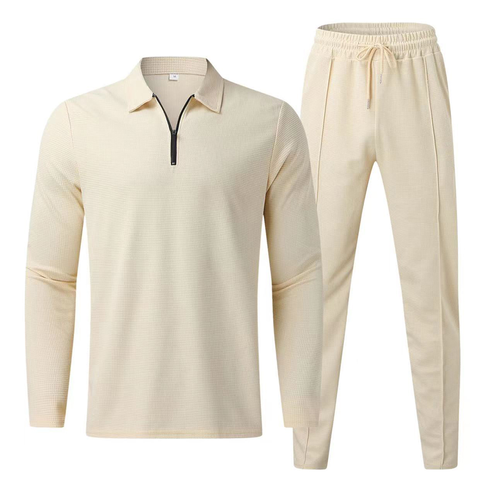 Reemelody Men's Lapel Long Sleeve Polo Shirt Set