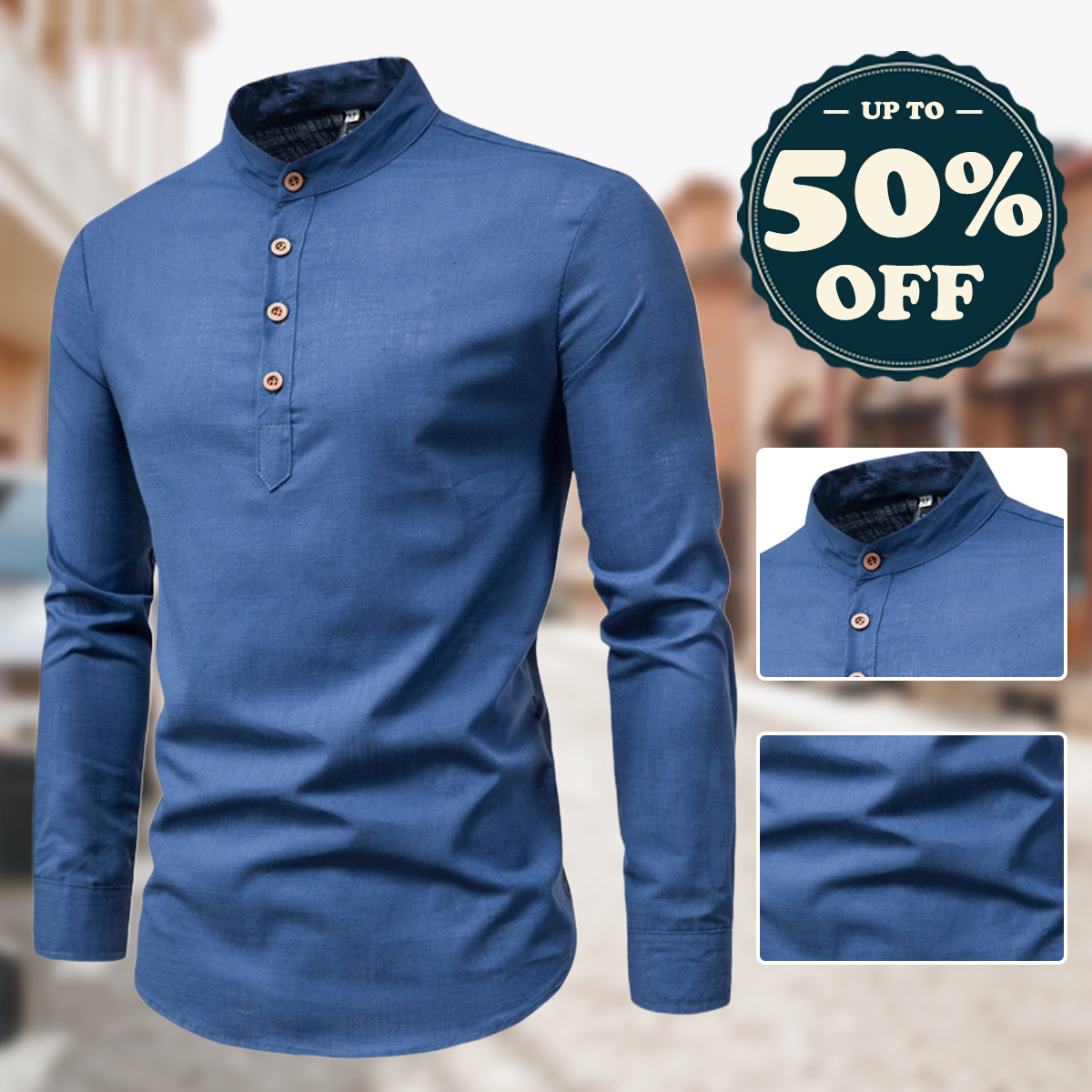Reemelody Men's cotton and linen stand collar half-open shirt