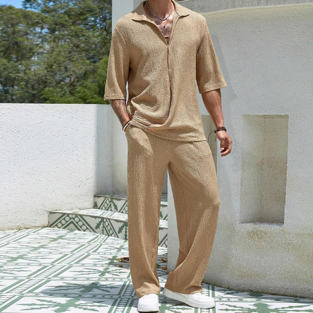 Reemelody Men's V-neck mid-sleeve top wide-leg pants casual suit