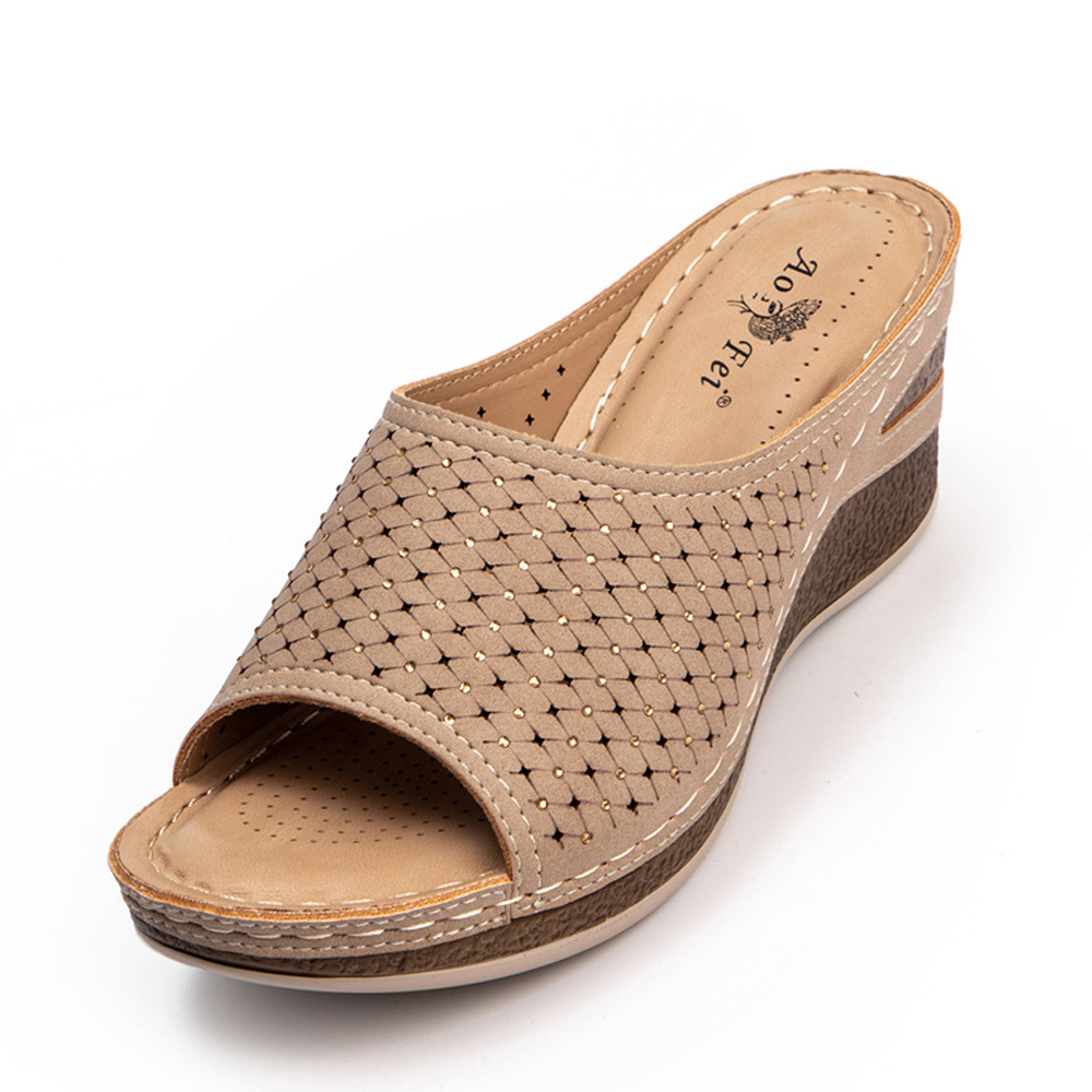 Reemelody Women's wedge heel slippers rhinestone sandals