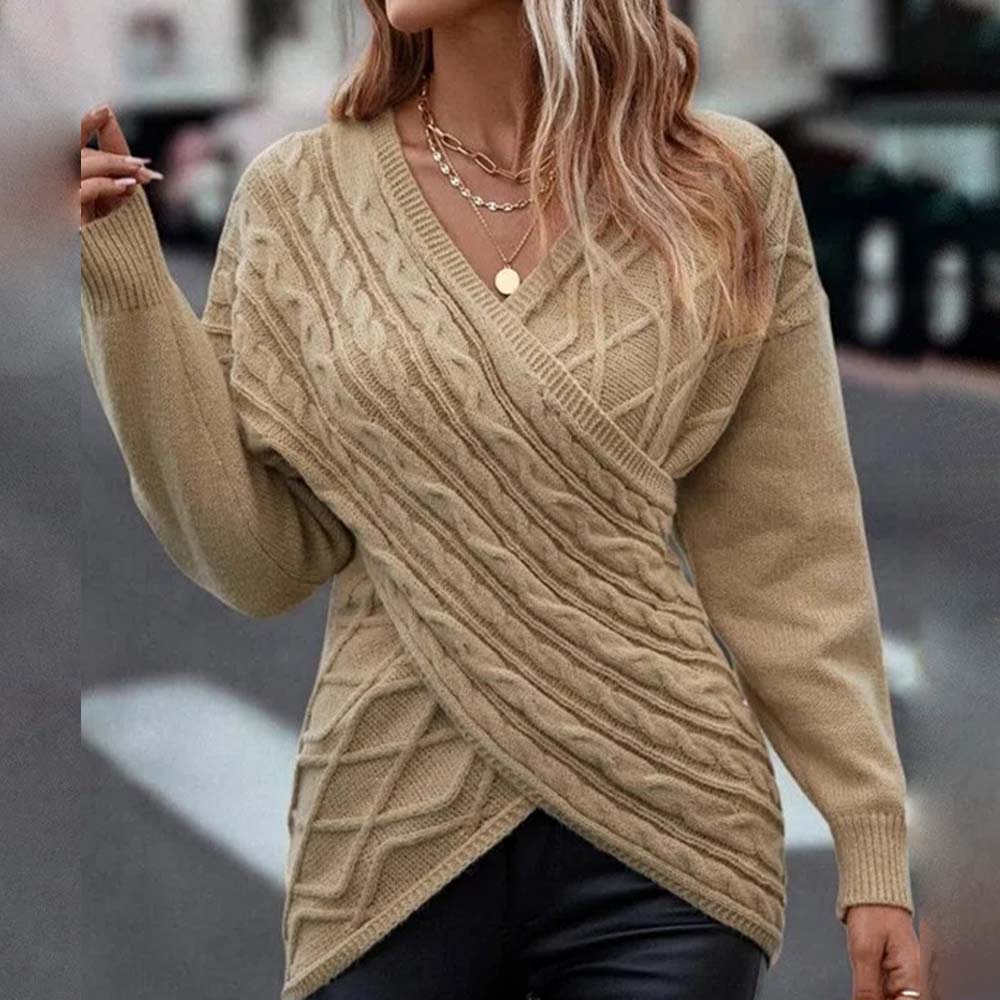 Reemelody New autumn and winter solid color V-neck cross jacquard slim casual sweater