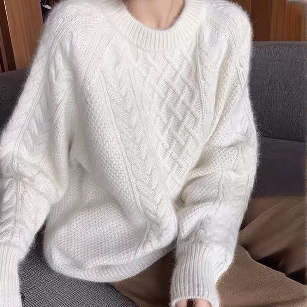 Reemelody Women's round neck crochet retro knitted sweater
