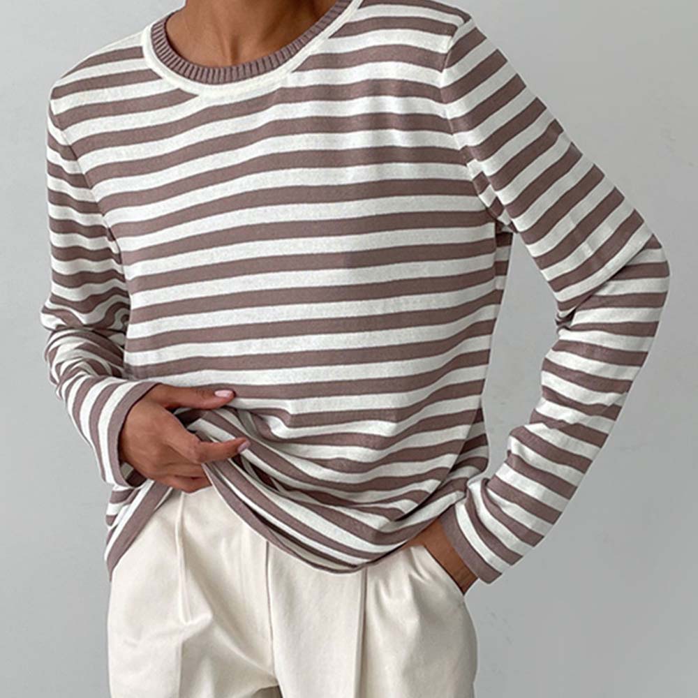 Reemelody Ladies Crewneck Striped Versatile Pullover Sweater