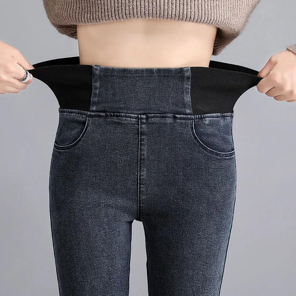 Reemelody Women's fleece elastic waist jeans