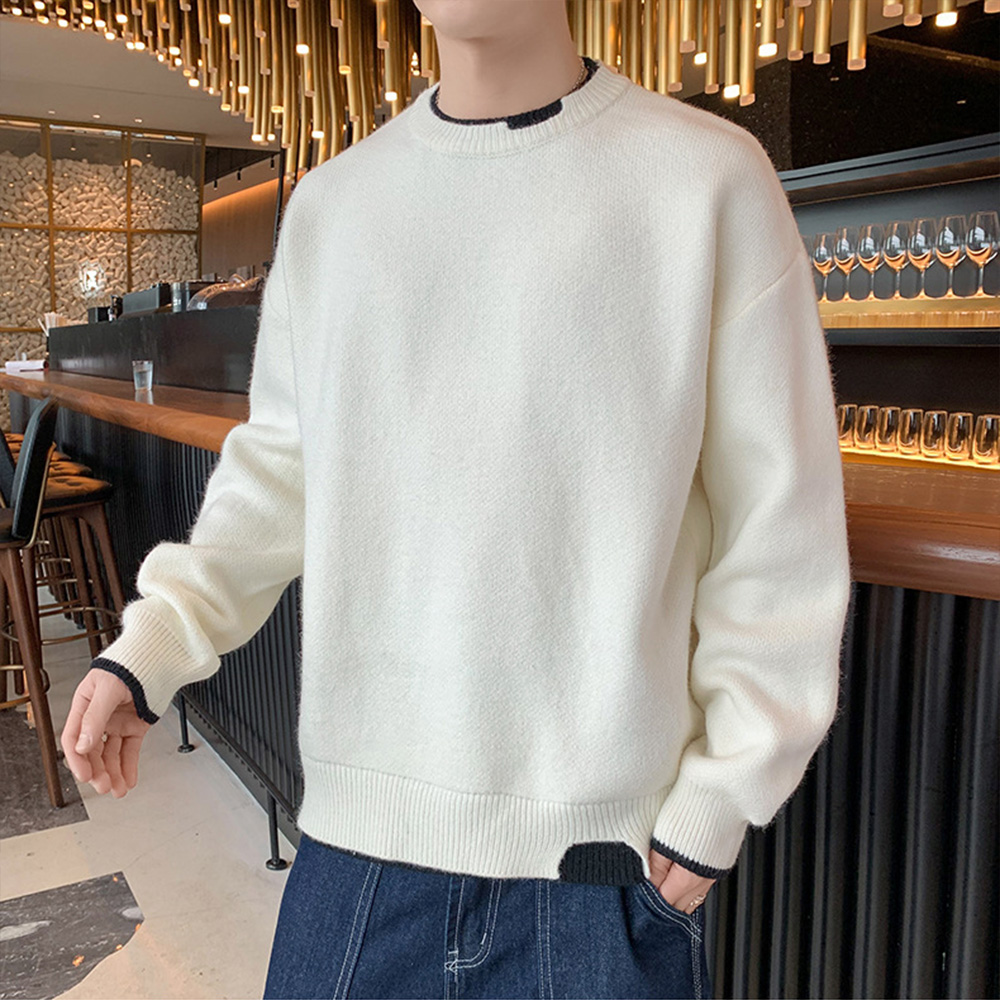 Reemelody Men's Crew Neck Fake Two-Piece Knitted Pullover