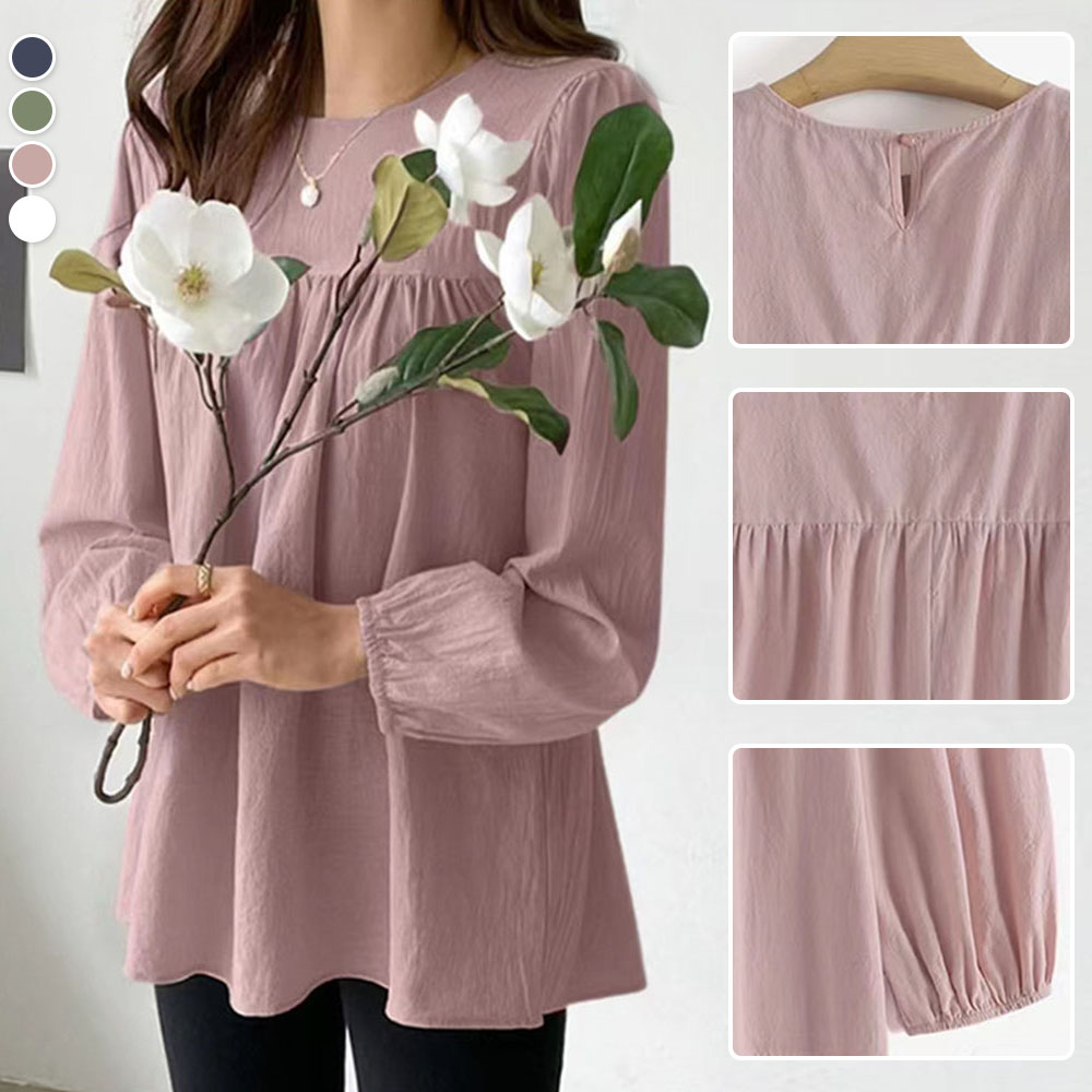 Reemelody Solid color loose round neck cotton and linen shirt