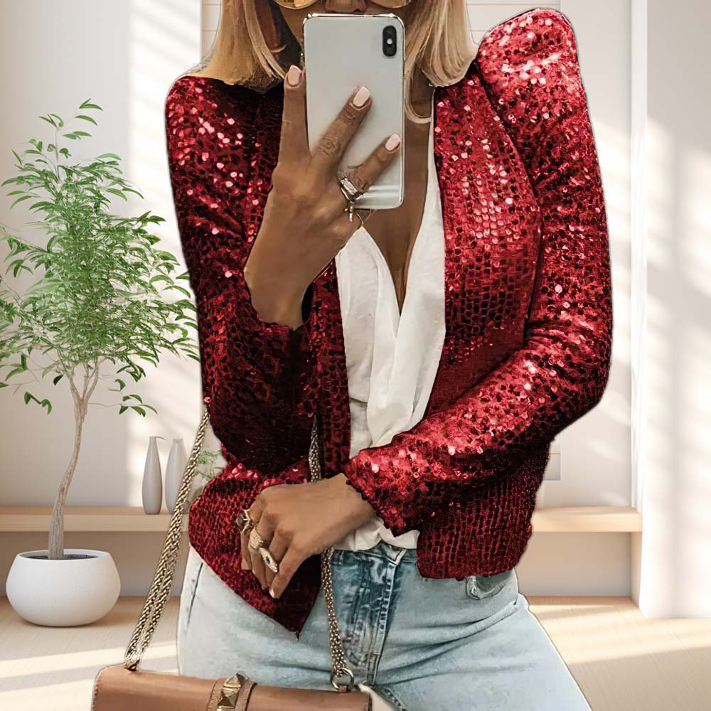 Reemelody Women's short stand collar sequined jacket