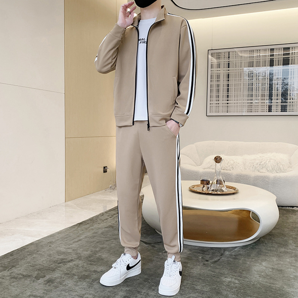 Reemelody Men's new striped stand-up collar zipper jacket and jogging pants two-piece set