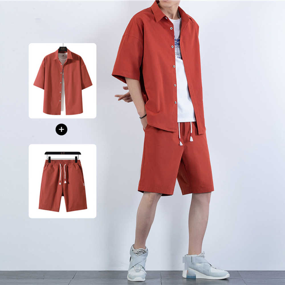 Reemelody Men's new solid color short-sleeved shirt + shorts set