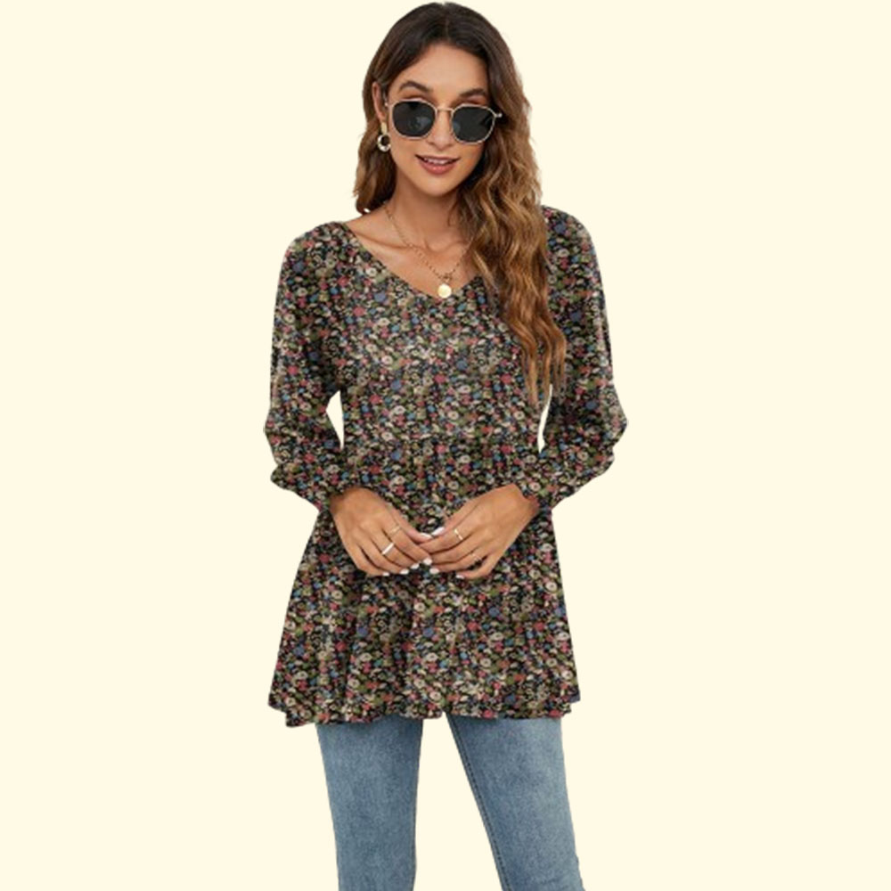 Reemelody Ladies v-neck floral puff long sleeve waist long sleeve