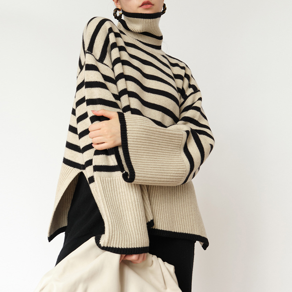 Reemelody Women's Fashion Casual Striped Turtleneck Sweater