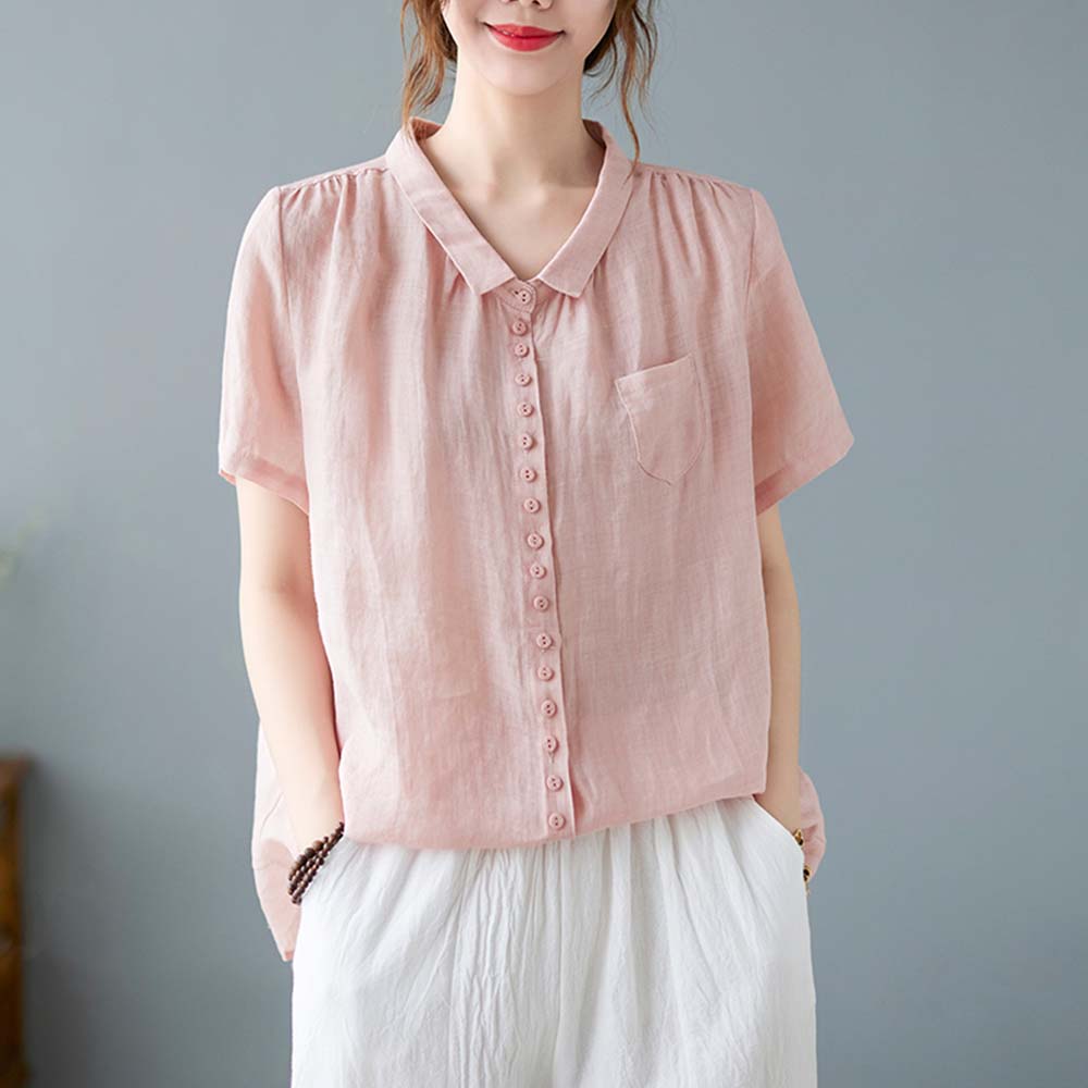 Reemelody Women's single breasted cotton and linen short sleeves
