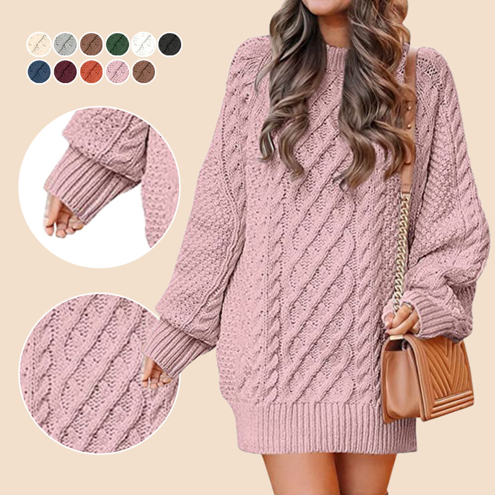 Reemelody Women's round neck cable mid-length warm sweater dress
