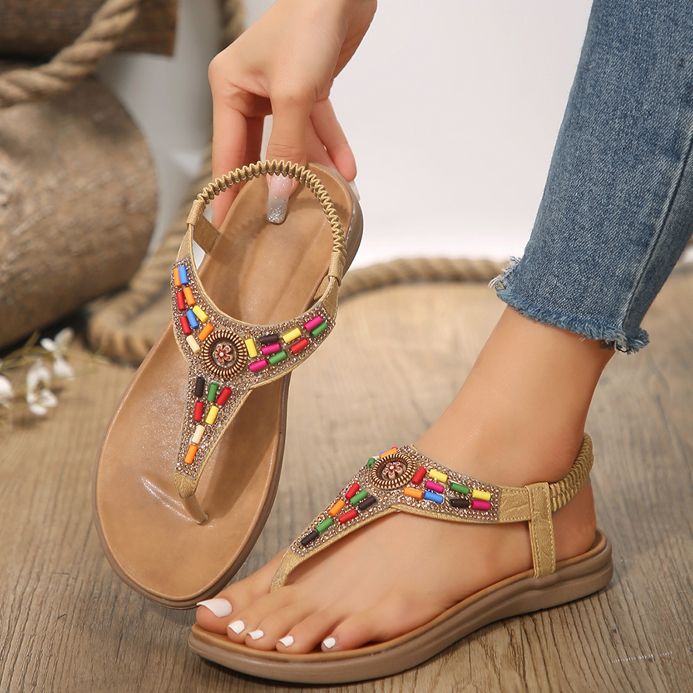 Reemelody Women's colorful beaded and rhinestone flat beach thong sandals