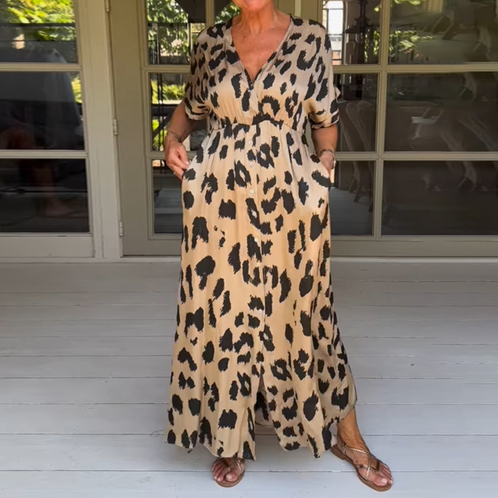 Reemelody Ladies new leopard print V-neck maxi dress