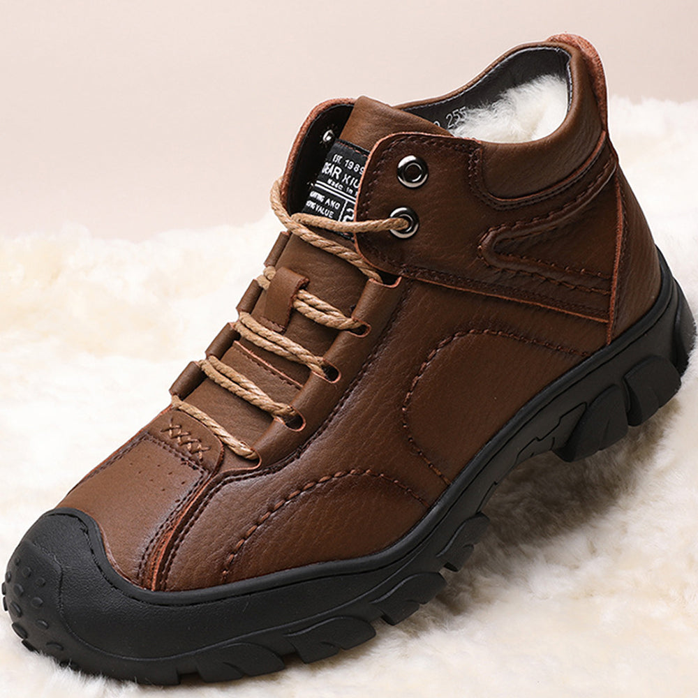 Reemelody Men's thick fleece outdoor hiking boots leather shoes