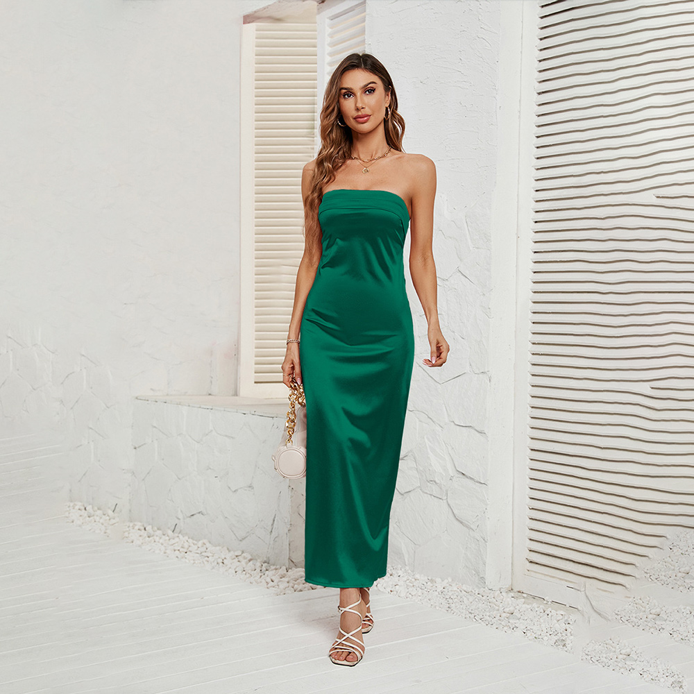 Reemelody New elegant solid color satin strapless dress