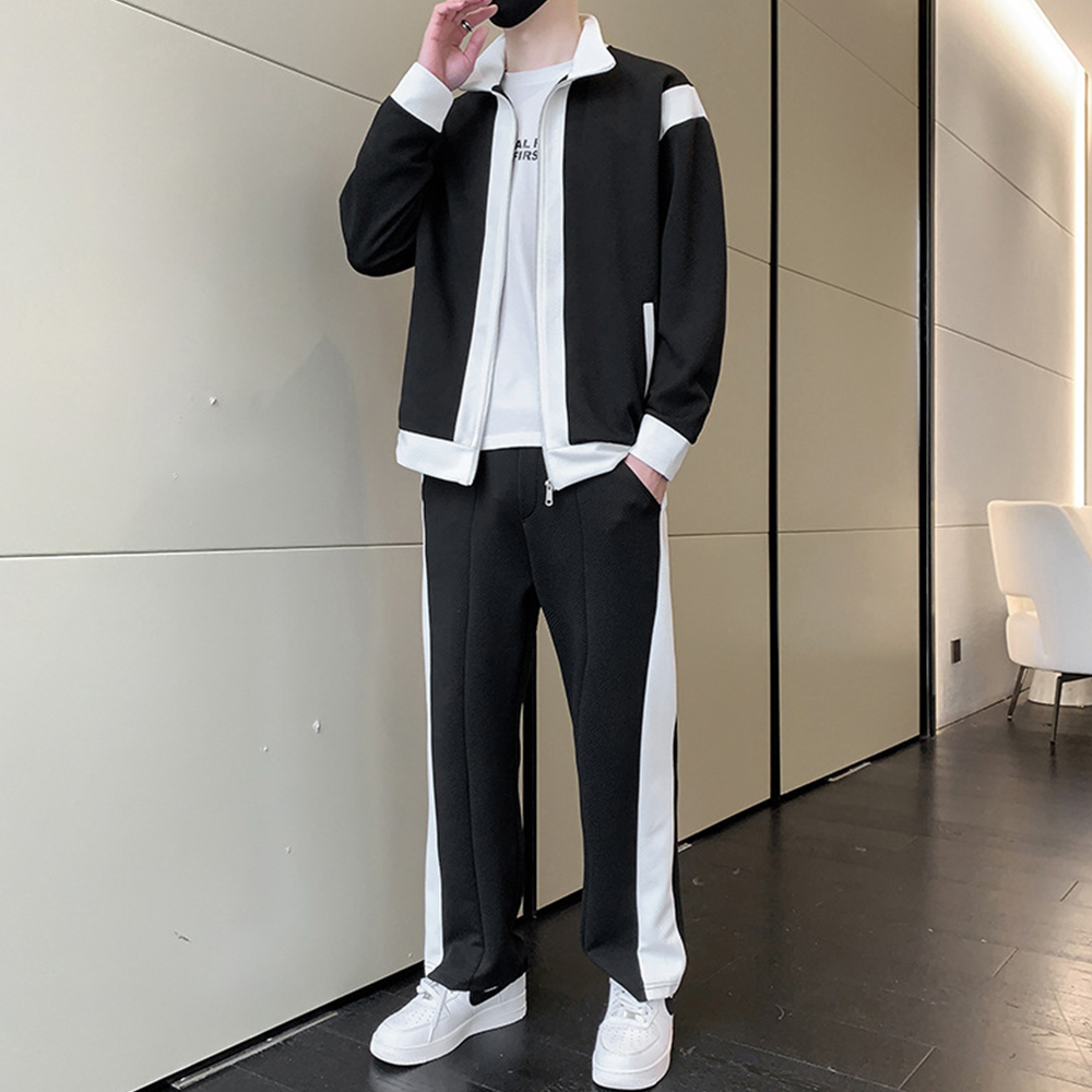 Reemelody Men's new patchwork style contrasting zipper jacket and jogging pants two-piece set