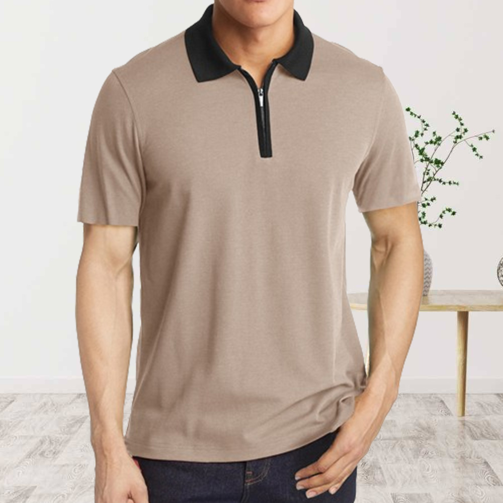 Reemelody Men's Simple Color Block Zip POLO Shirt