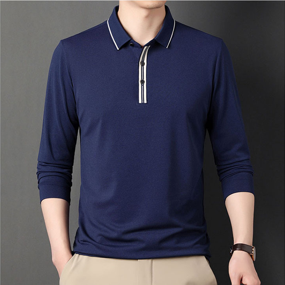 Reemelody Autumn Men's Loose Button Solid Color Long Sleeve POLO Shirt
