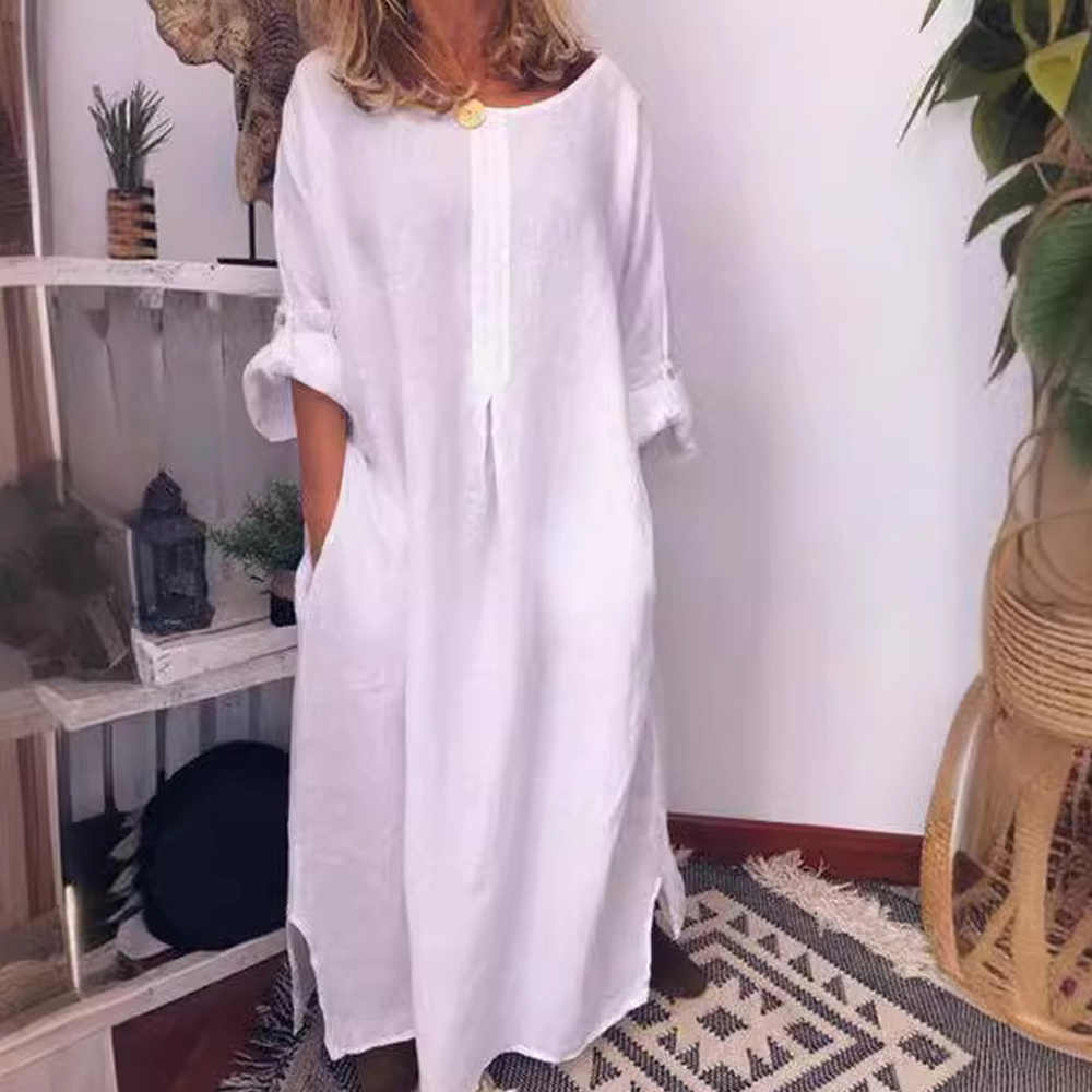 Reemelody Ladies loose cotton and linen long sleeve maxi dress