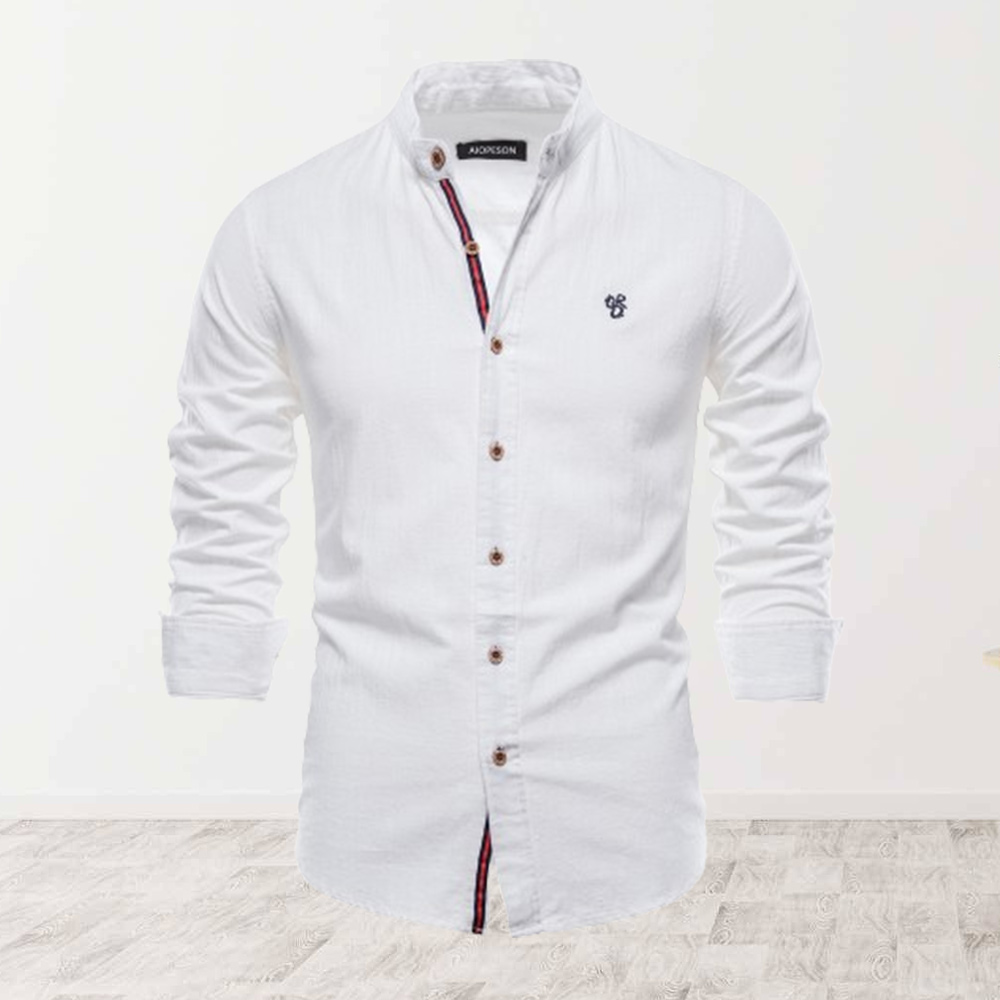 Diggetty Men's stand collar cotton and linen embroidered long sleeve shirt
