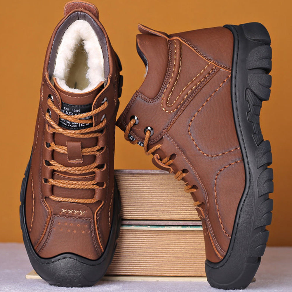 Reemelody Men's thick fleece outdoor hiking boots leather shoes