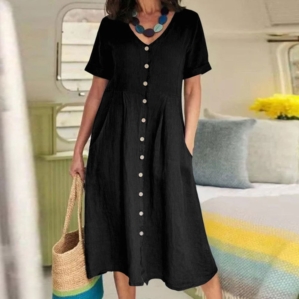 Reemelody Ladies new loose buttoned cotton and linen dress