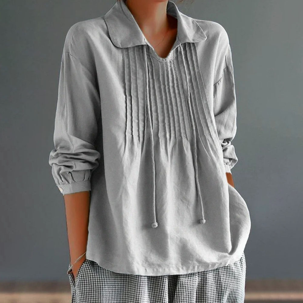 Reemelody Ladies new loose cotton and linen pleated lapel long sleeves