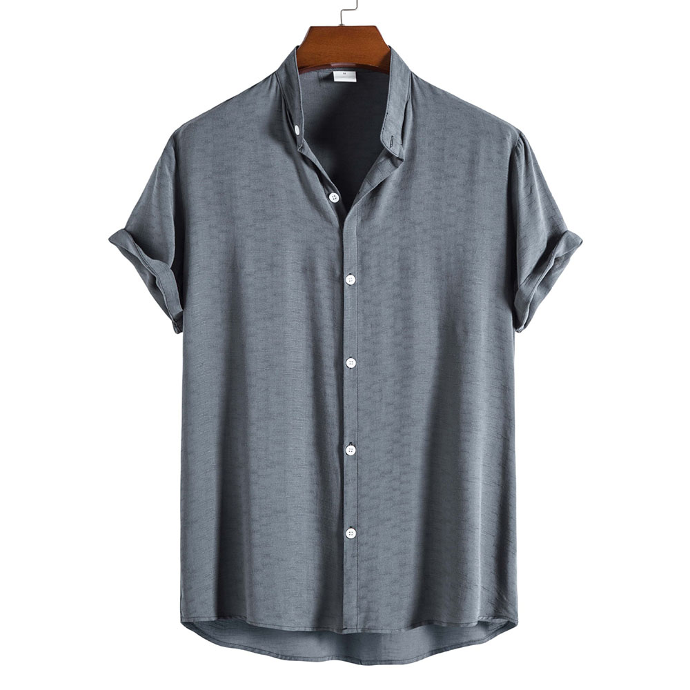 Diggetty Men's stand collar slub cotton short sleeve shirt