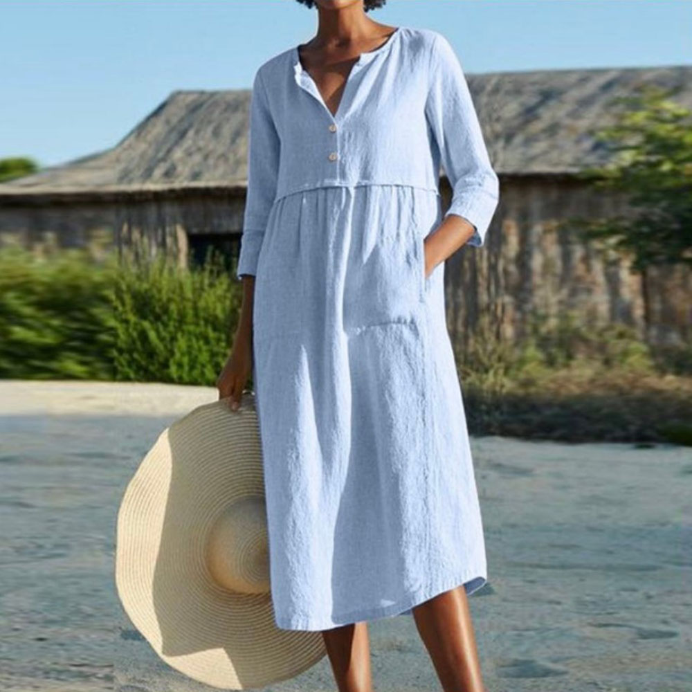 Reemelody New round neck cotton and linen button dress