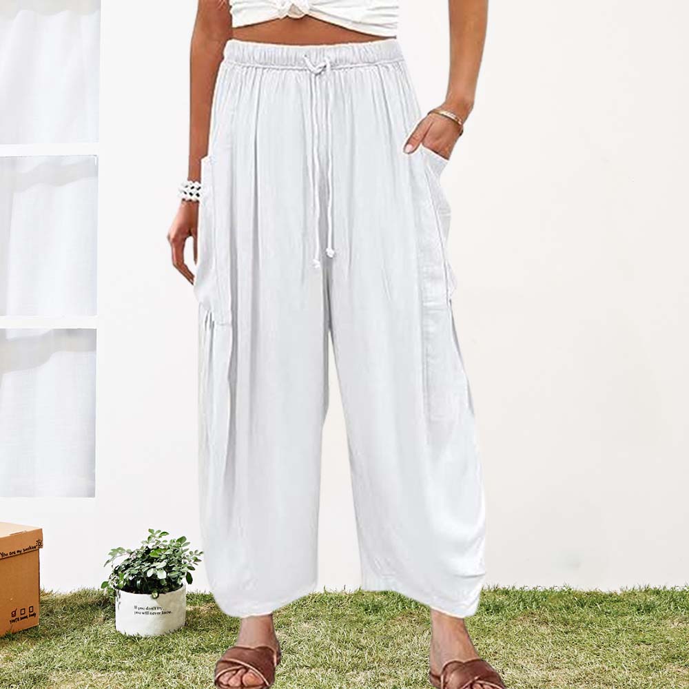 Reemelody Ladies casual high waist wide leg cotton and linen pants
