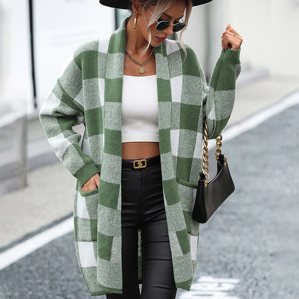 Reemelody New autumn and winter women's plaid loose color-blocking knitted cardigan fashion jacket