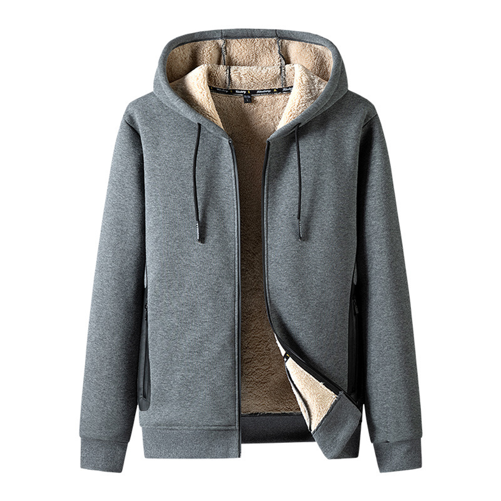 Reemelody Men's casual solid color sherpa cardigan hooded sweatshirt thickened jacket