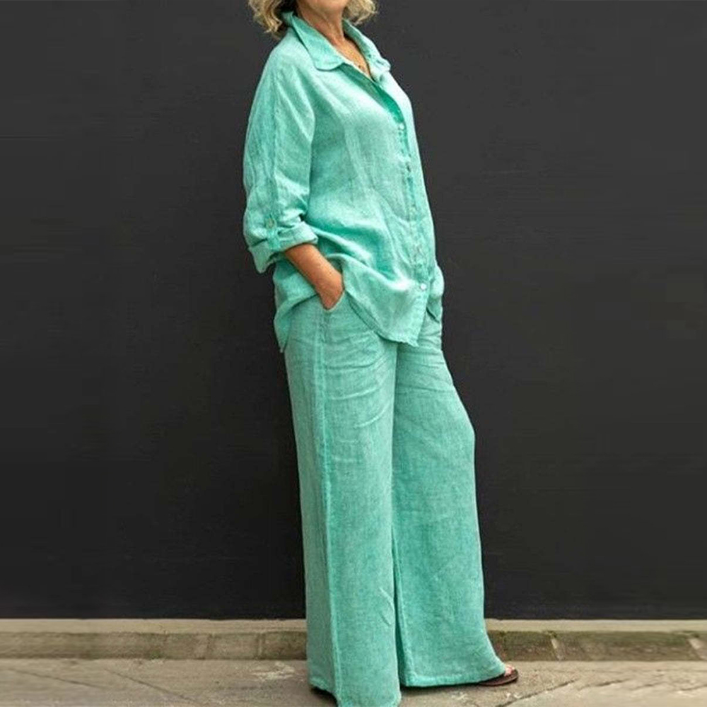 Reemelody Women's long-sleeved shirt and wide-leg pants 2-piece set